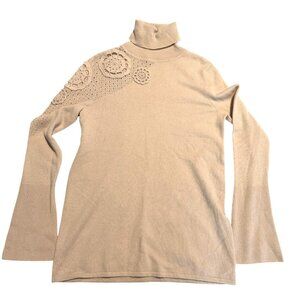 Neiman Marcus Cashmere Collection Beige Turtleneck Sweater W/ Crochet Detail Med